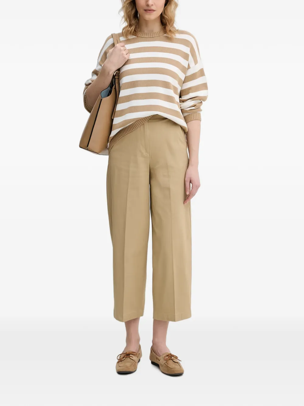 Benetton Gestreepte gebreide trui met zijsplit Beige
