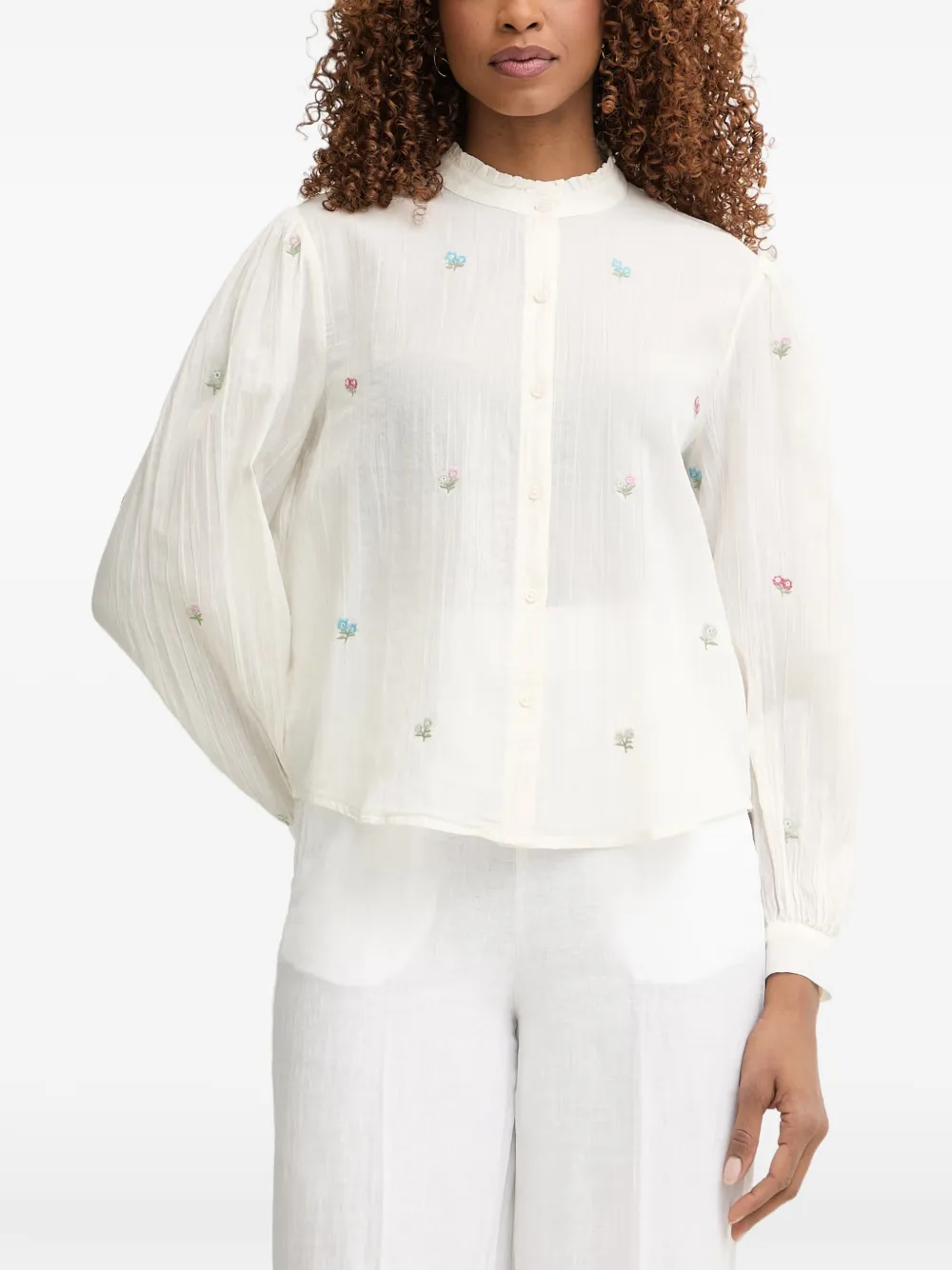 Benetton floral-embroidered ruffled-collar blouse - Toni neutri