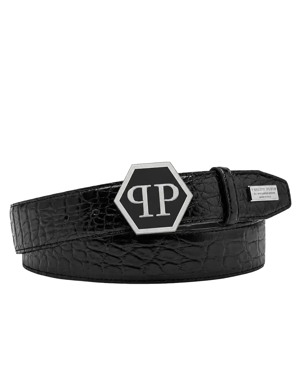Philipp Plein leather belt cocco hexagon - Schwarz