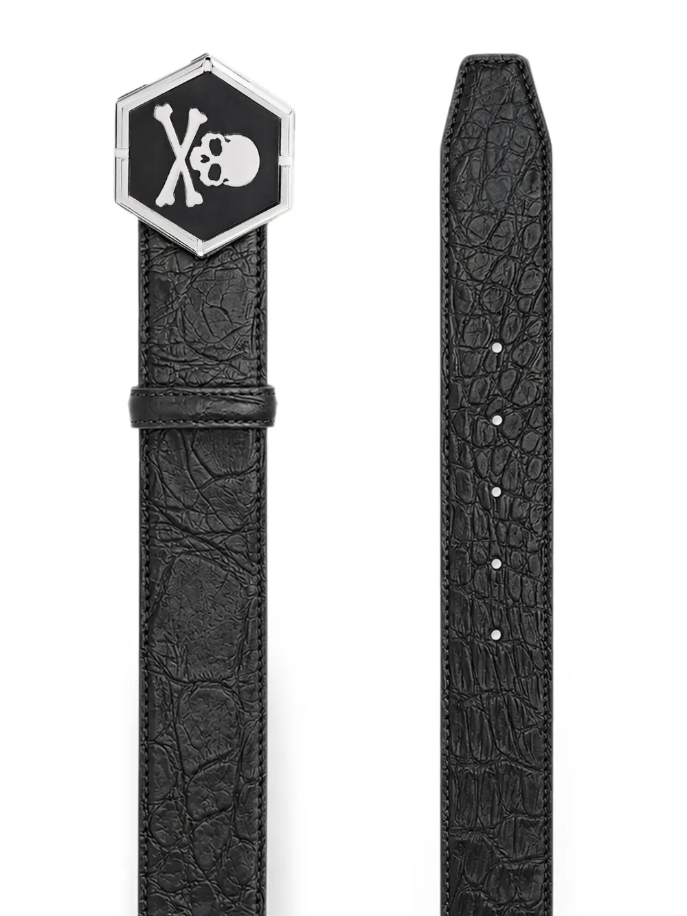 Philipp Plein Leren Cocco riem met doodskop Zwart