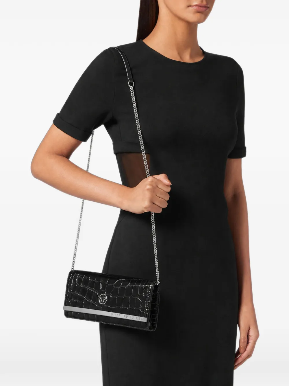 Philipp Plein Leren clutch met krokodillen-reliëf Zwart