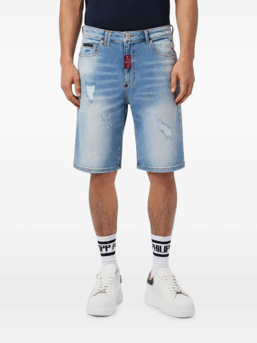 Philipp Plein Gerafelde shorts met verfspatten Blauw
