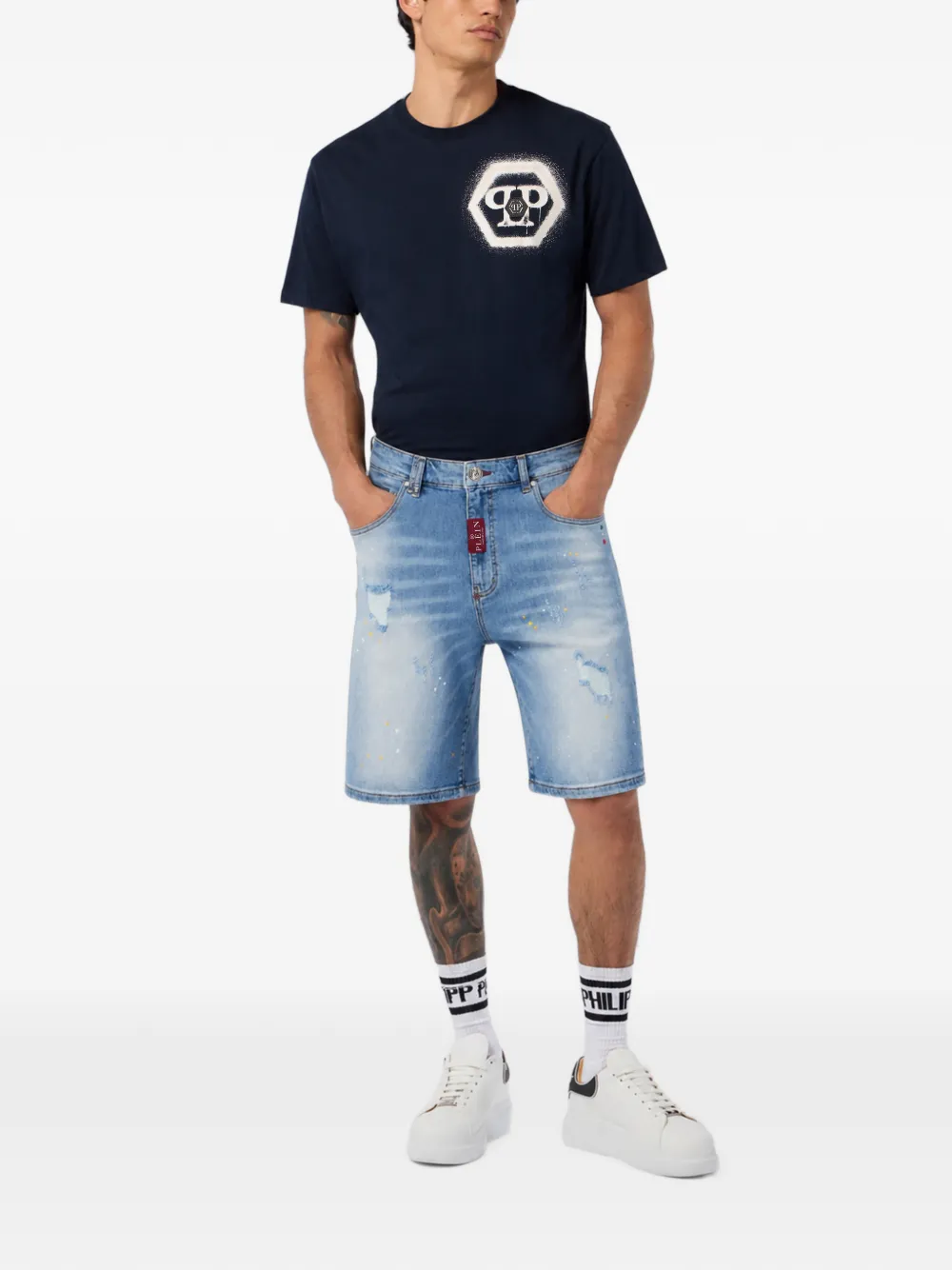 Philipp Plein Gerafelde shorts met verfspatten Blauw