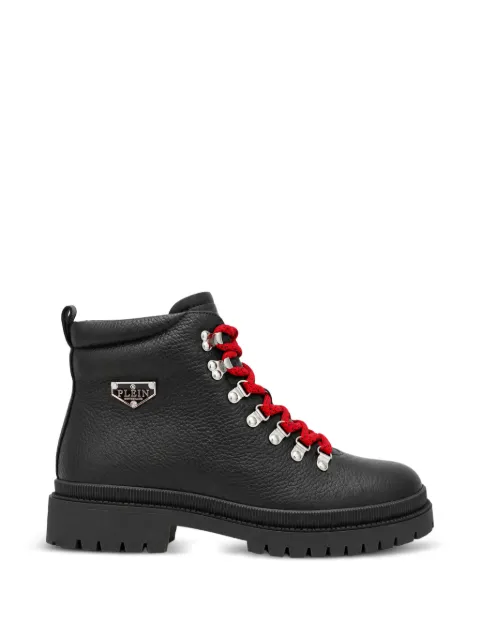 Philipp Plein leather mountain boots deer print triangle placca