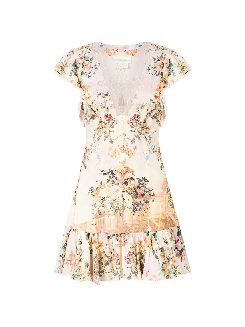 Camilla ruffle-sleeve floral-print mini dress - Nude