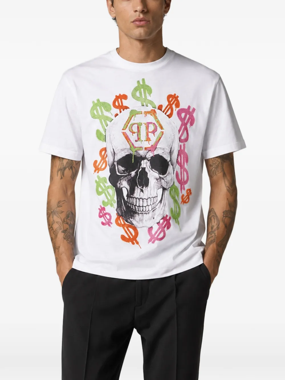 Philipp Plein Jersey T-shirt Dollar Spray Wit