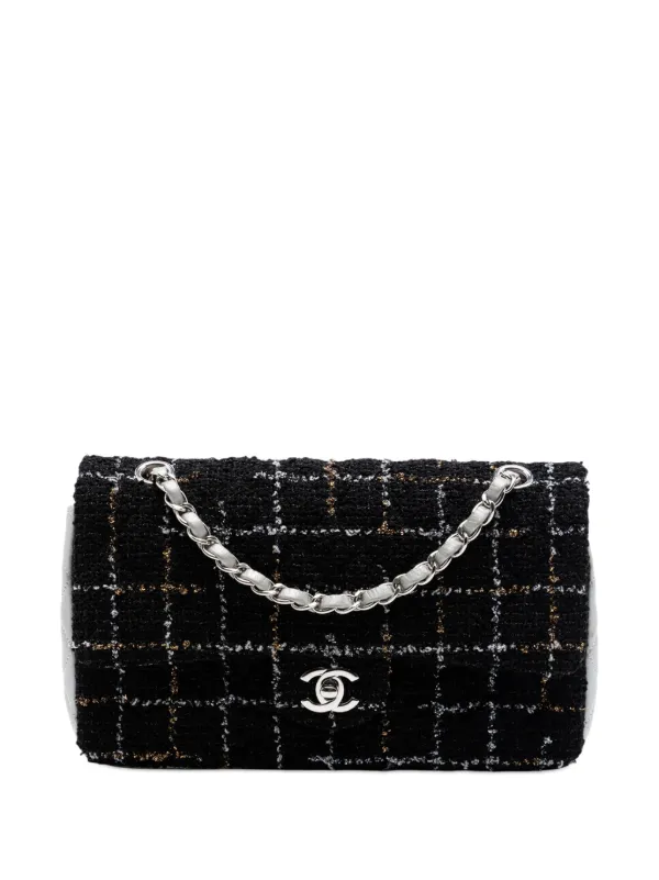 Chanel Pre-owned 2017-2018 Medium Classic Quilted Tweed and Metallic Lambskin Double Flap Shoulder Bag in Black