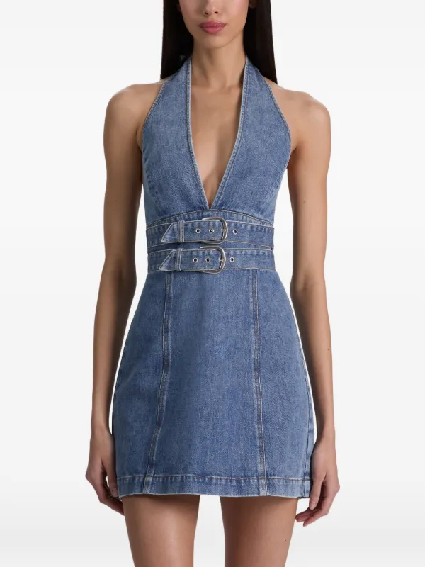 halter neck buckle detail denim dress Alice + Olivia Solana buckle-detail Halterneck Mini | Blue Size Options Dress + Apron:5 YEAR-8 YEAR (MAX BUST 27IN) 200M Water Resistant Homecoming dresses Vero Moda Petite all weight denim