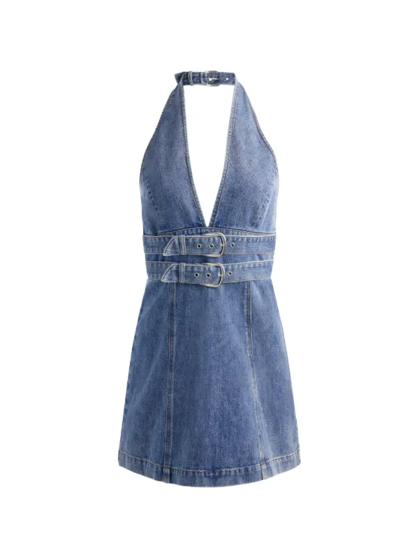 halter neck buckle detail denim dress alice + olivia Solana Buckle Denim Halter Mini Dress, Size 10