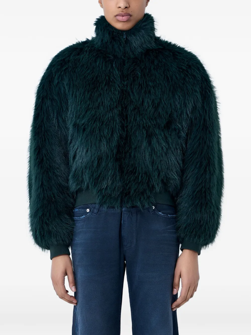 Balenciaga faux-fur ribbed-trim jacket - Grün