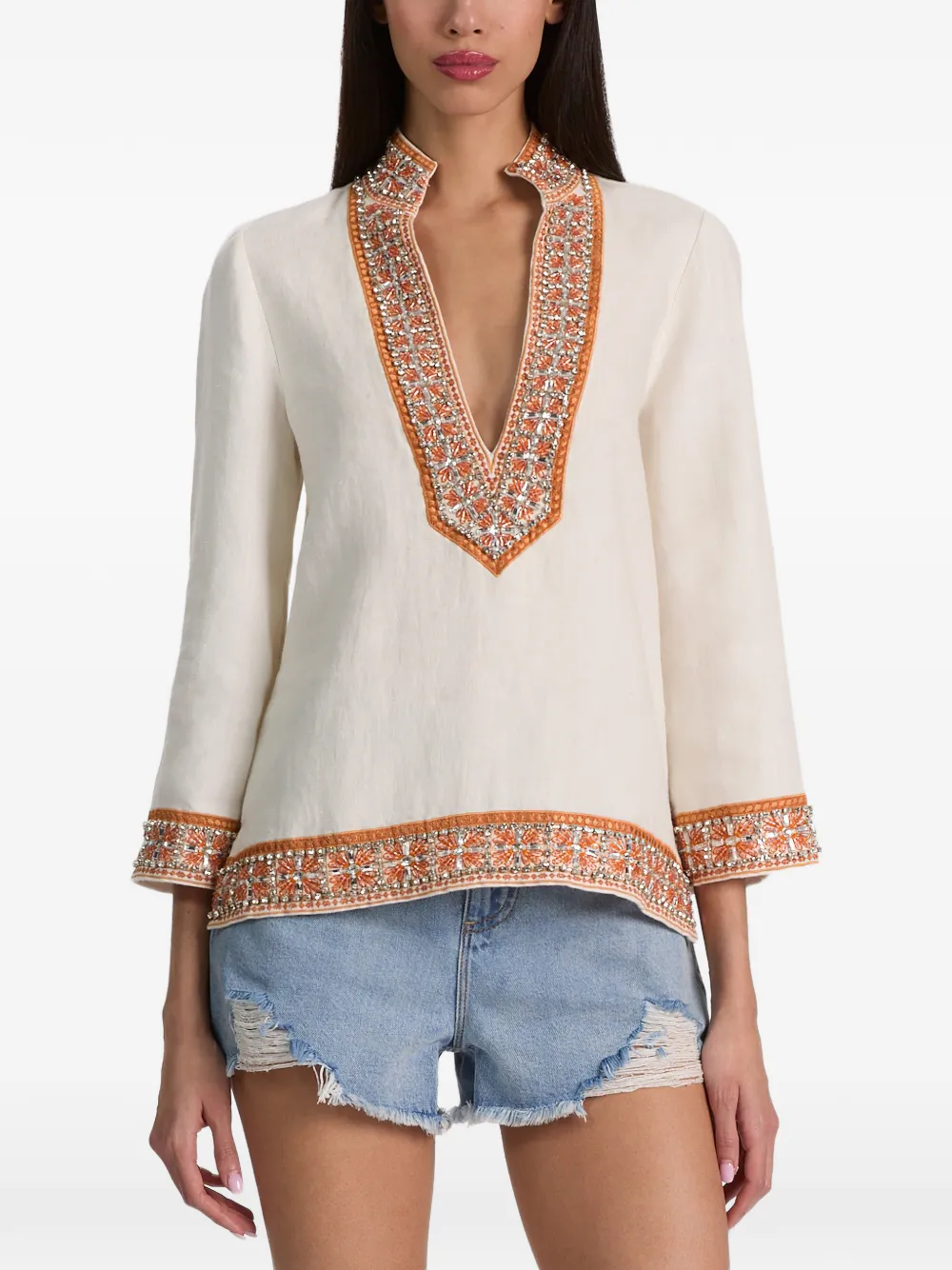 alice + olivia Eleonora verfraaide linnen tuniek Beige