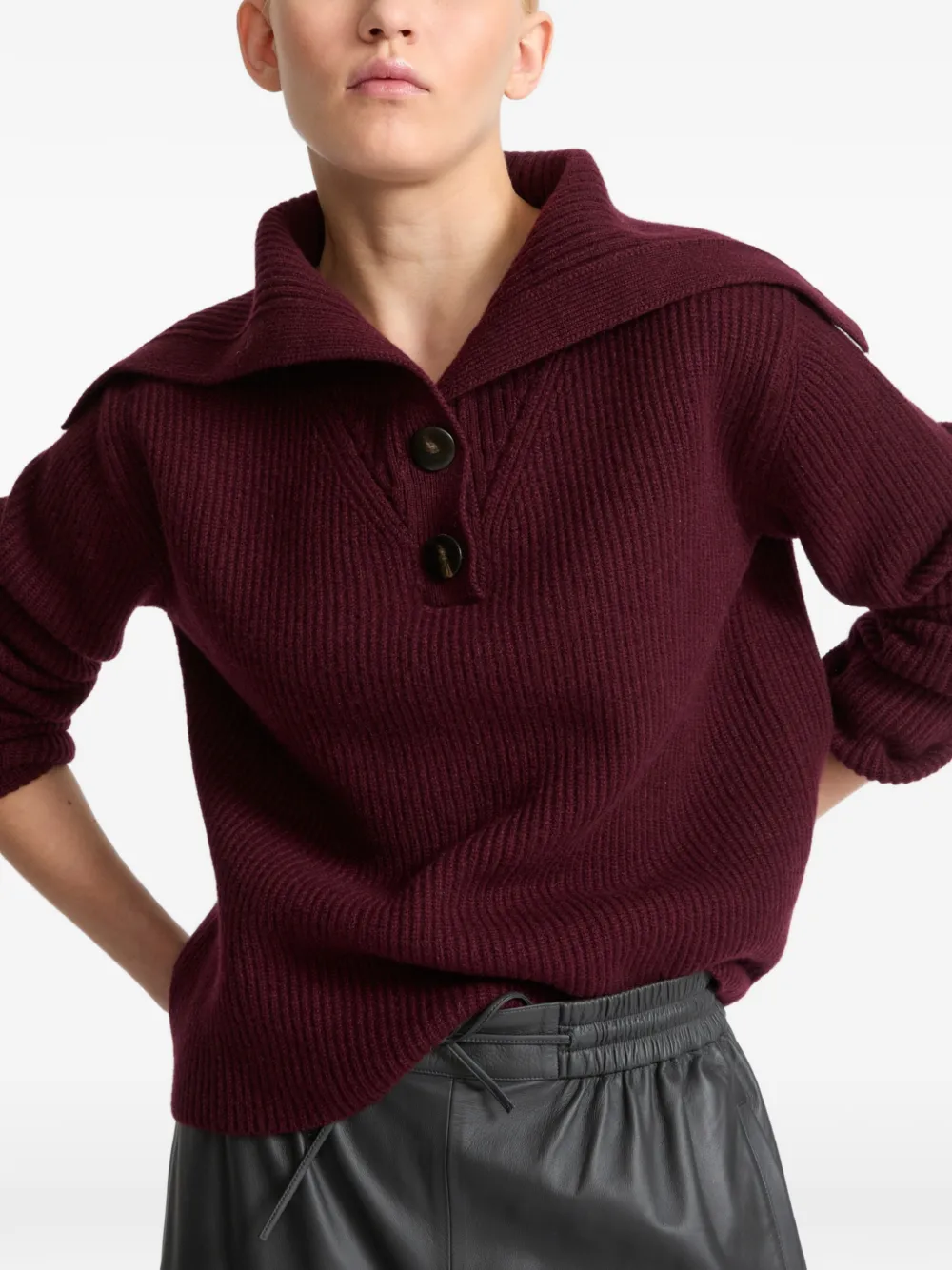 Yves Salomon Buttoned Sailor-collar Sweater in Red, view 3