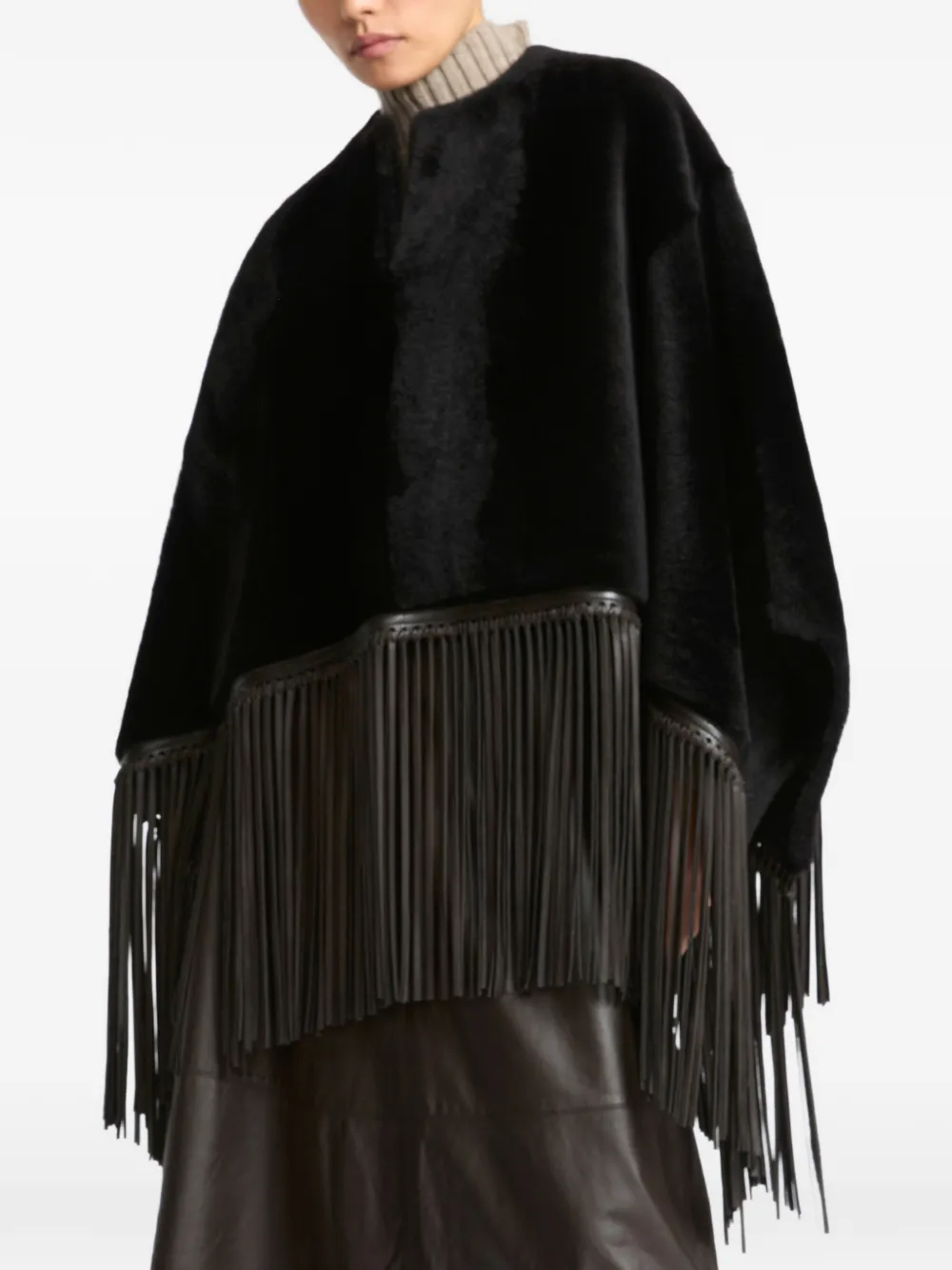 Yves Salomon Lammy cape met franje Zwart