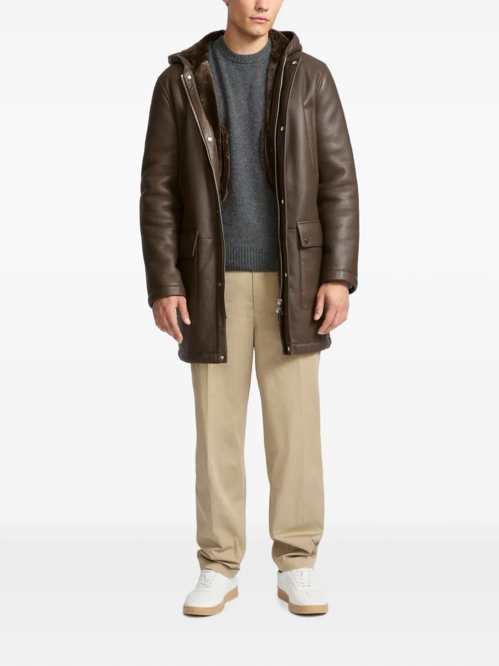 Yves Salomon Hooded Shearling Coat in Brown, view 2