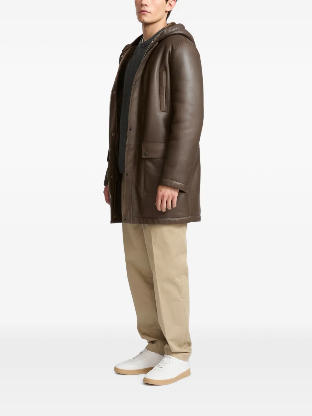 Yves Salomon Hooded Shearling Coat in Brown, view 3