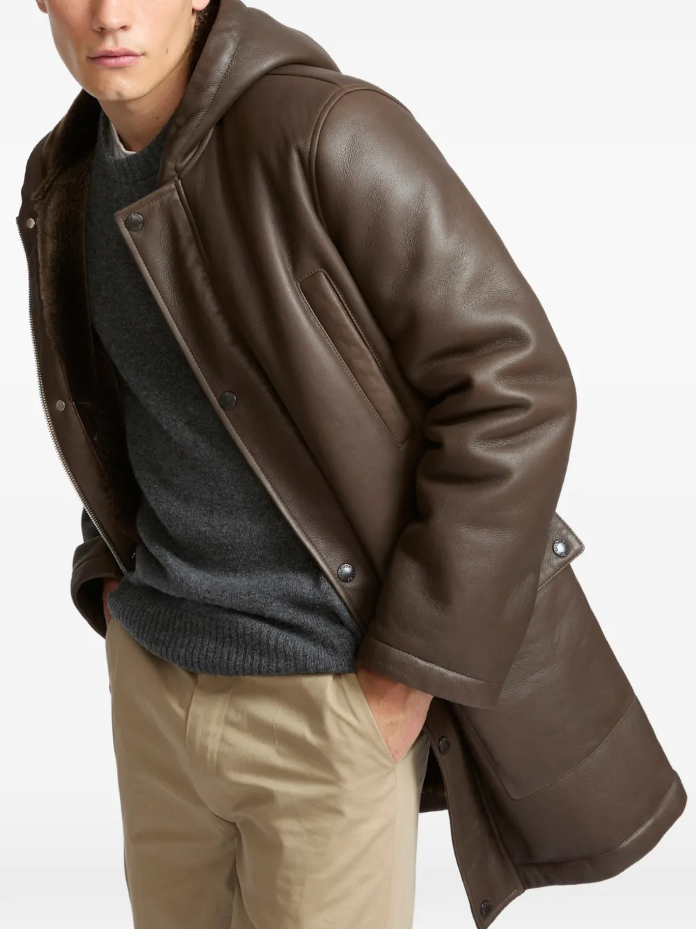 Yves Salomon Hooded Shearling Coat in Brown, view 4