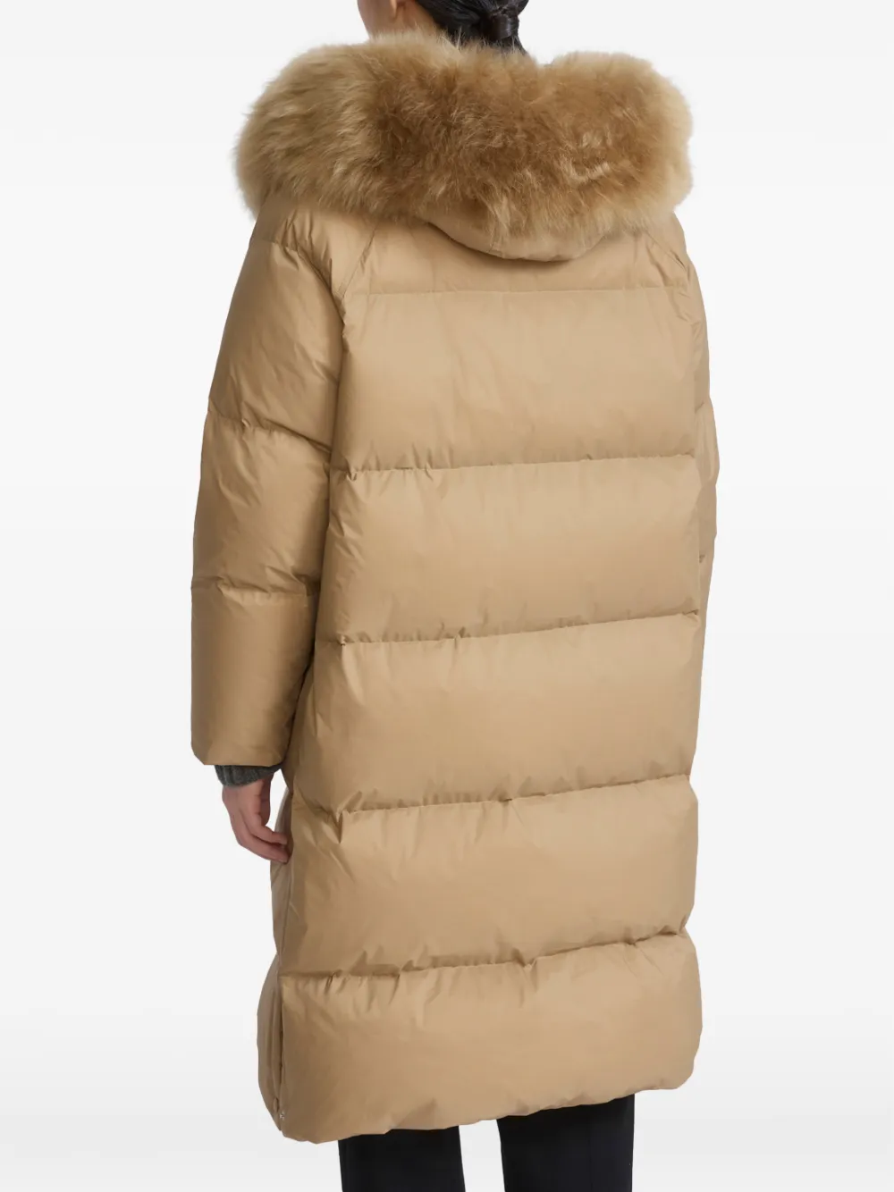 Yves Salomon Donsjas met capuchon en afwerking van imitatiebont Beige