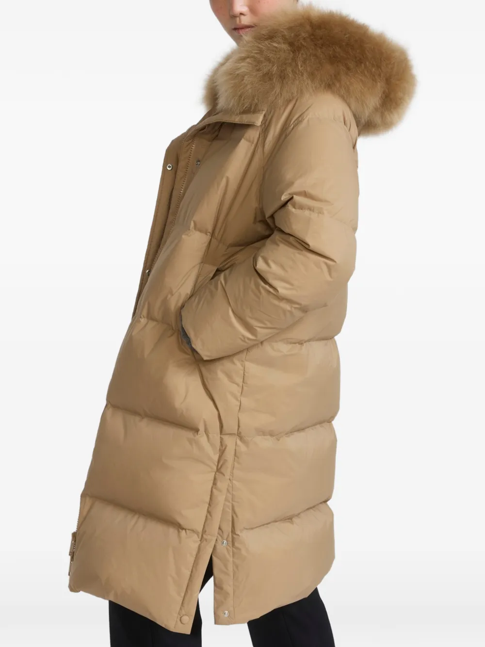 Yves Salomon Donsjas met capuchon en afwerking van imitatiebont Beige
