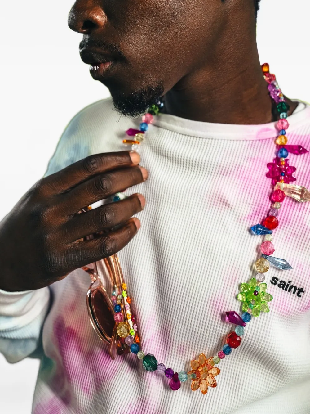 SAINT MXXXXXX Tharmal wafelgebreid T-shirt met tie-dye print Wit