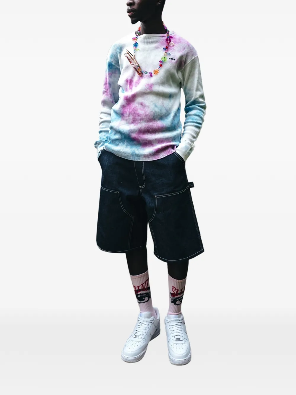 SAINT MXXXXXX Tharmal wafelgebreid T-shirt met tie-dye print Wit