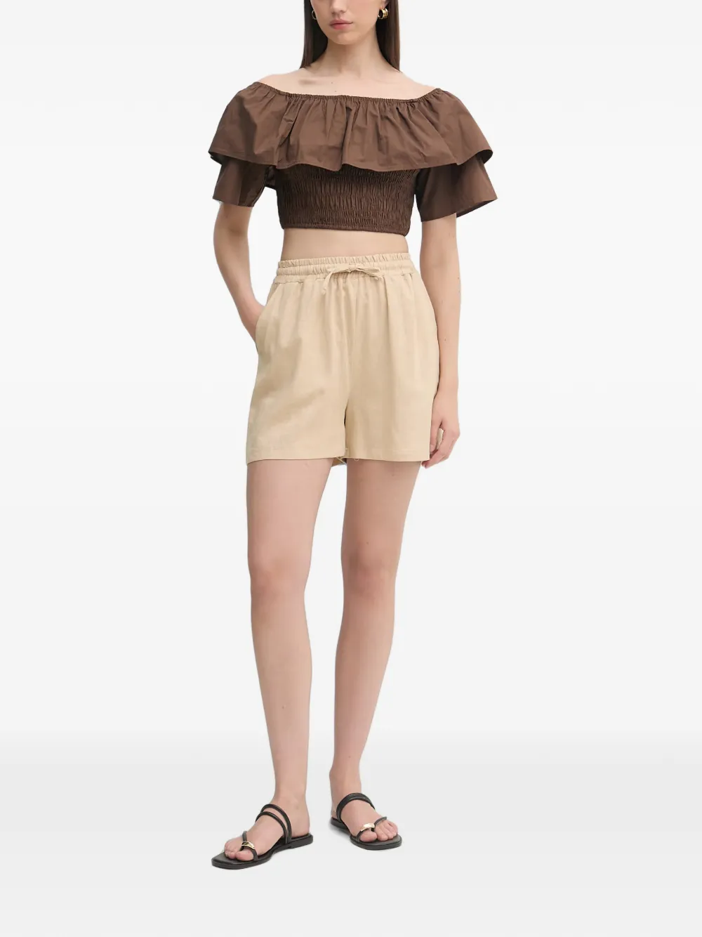 Gaudi Off-shoulder top met ruches Bruin