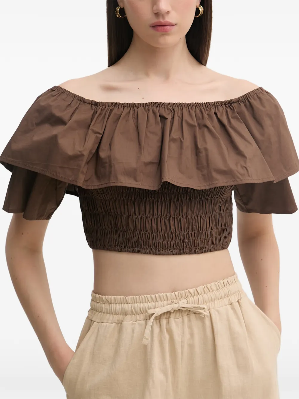Gaudi Off-shoulder top met ruches Bruin