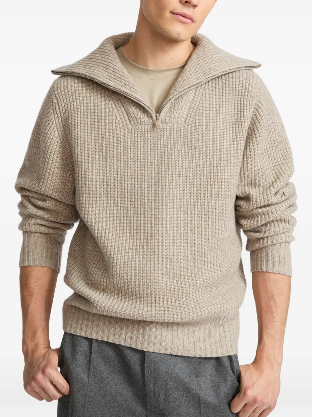 Yves Salomon Ribgebreide trui met rits Beige