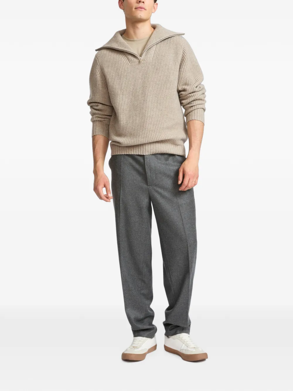 Yves Salomon Ribgebreide trui met rits Beige