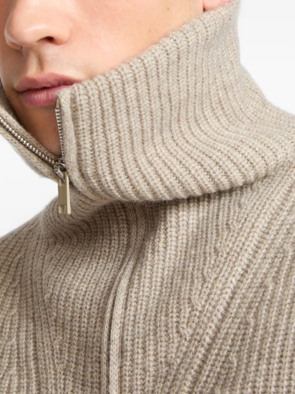 Yves Salomon Ribgebreide trui met rits Beige