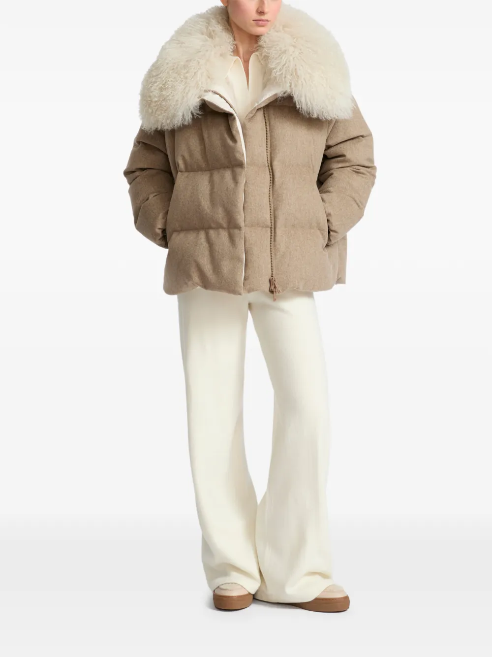 Yves Salomon Parka met lammy kraag Beige