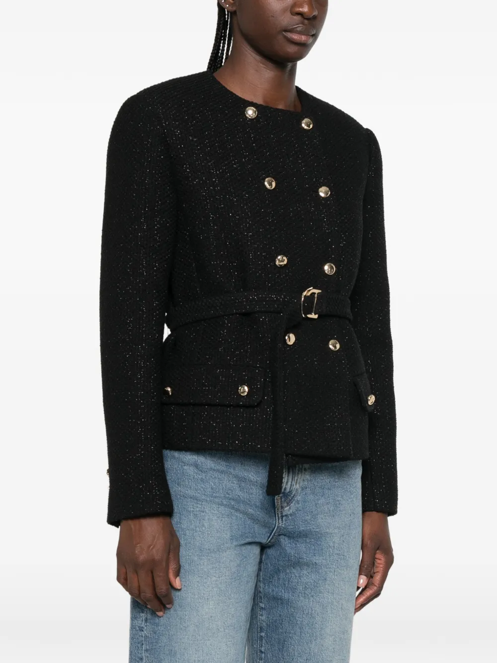 Maje Tweed jack met dubbele rij knopen en ceintuur Zwart