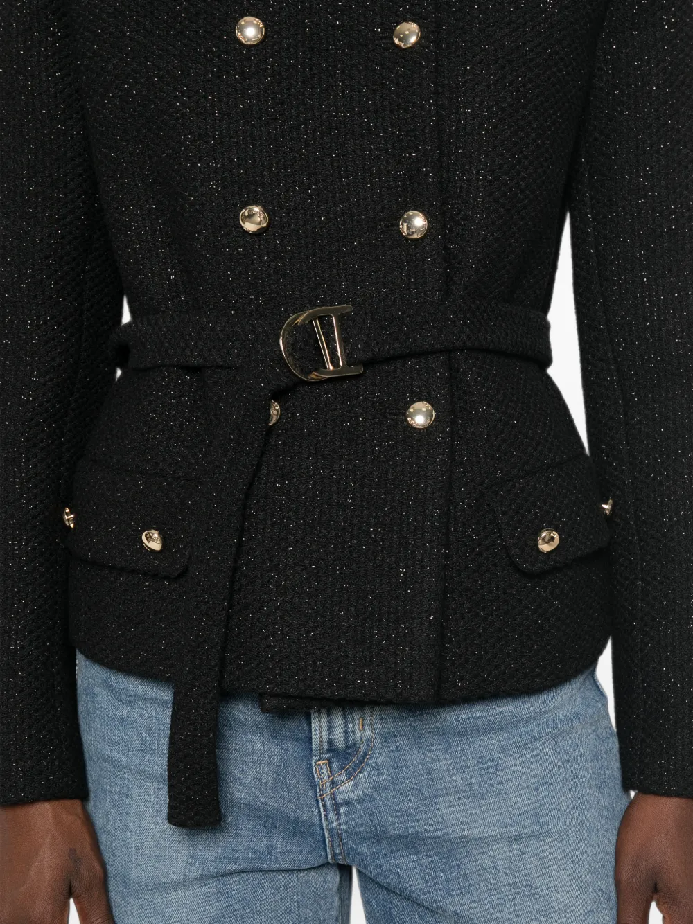 Maje Tweed jack met dubbele rij knopen en ceintuur Zwart