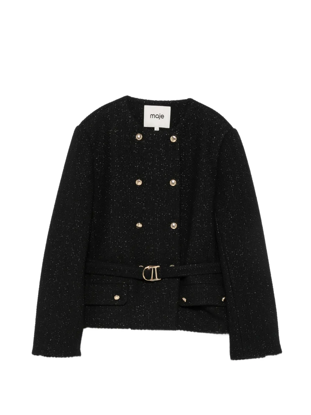 Maje belted double-breasted tweed jacket - Schwarz