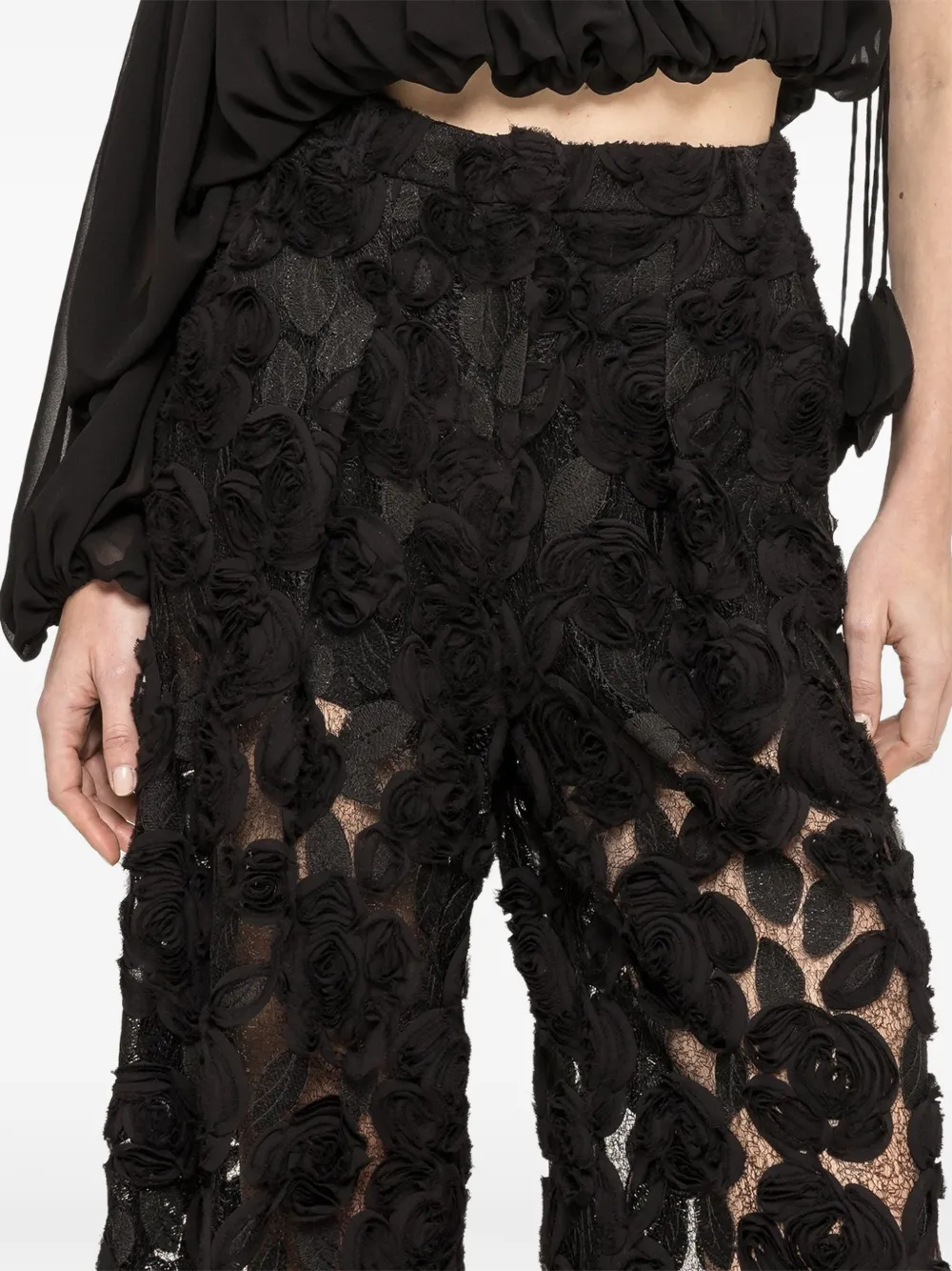 NISSA floral-embroidered wide-leg trousers - Black
