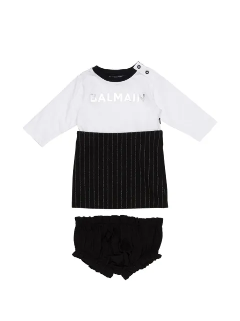 Balmain Kids pinstripe logo-print dress and bloomers set