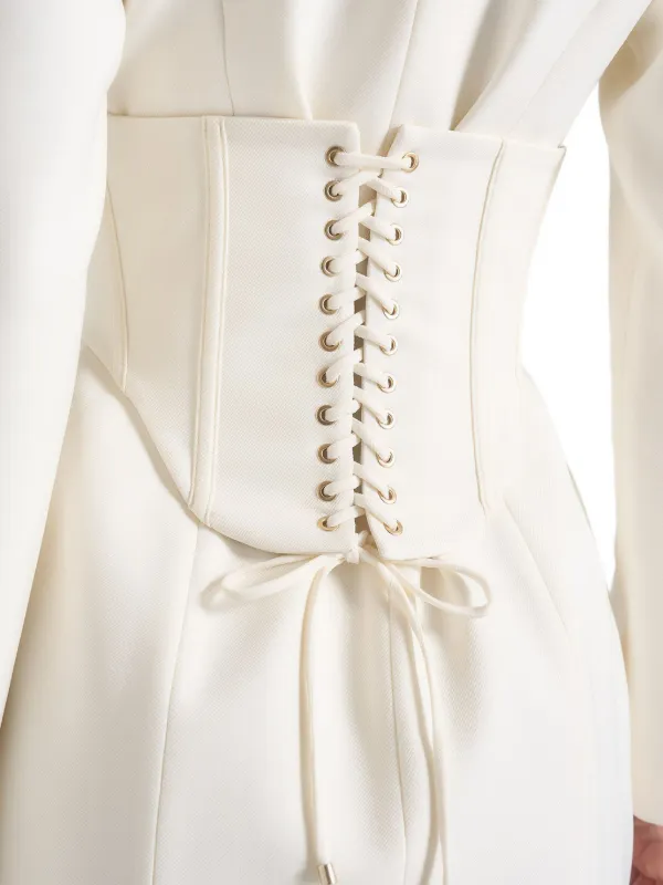 white corset blazer dress PROJECT N7 | Sculpted to perfection. This white blazer dress features a  cinched corset waist and a draped skirt for a sharp yet feminine  silhouette
