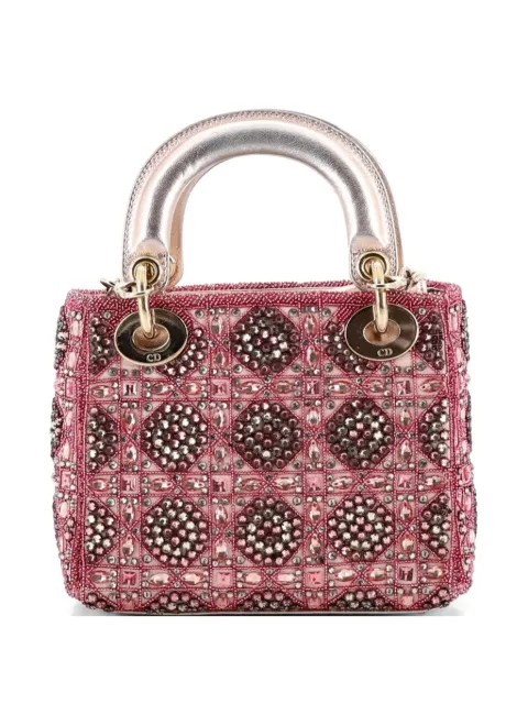 Christian Dior Pre-Owned Lady Dior Chain Bag Cannage Beaded Satin with Metallic Leather Mini satchel