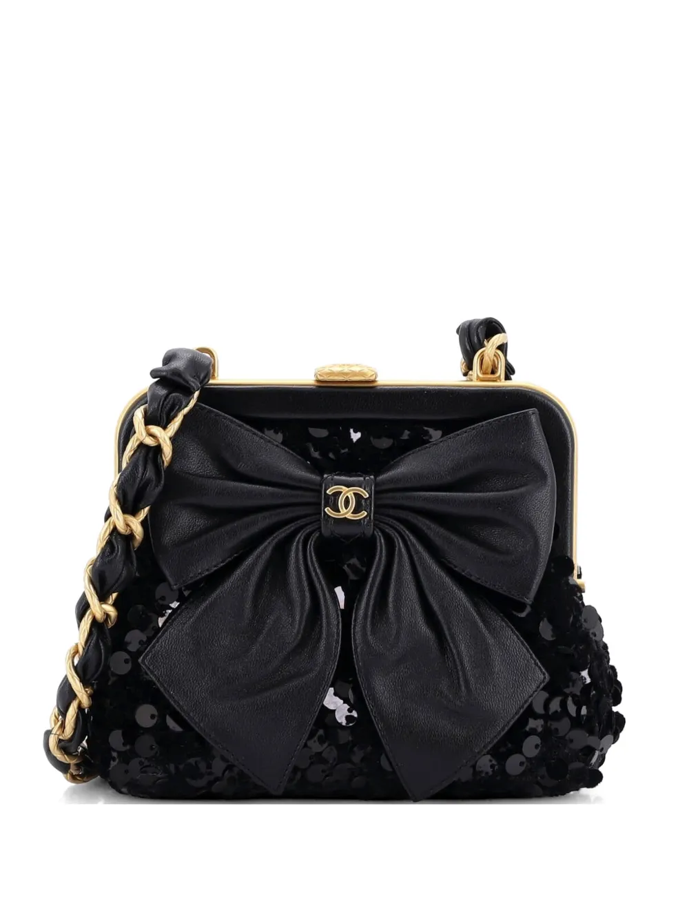CHANEL Pre-Owned Bow Frame With Chain Sequin Embellished Tweed with Leather Mini clutch bag - Nero