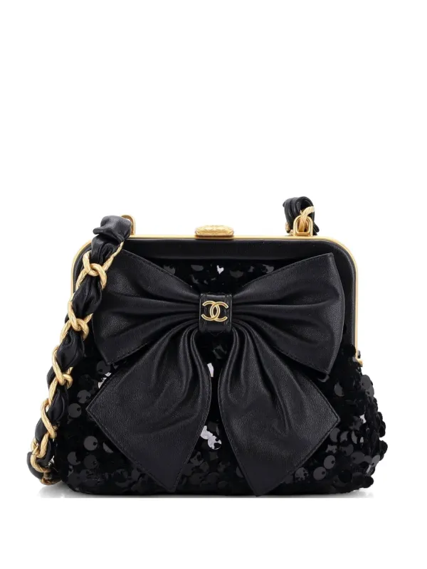 Chanel Pre-owned Bow Frame with Chain Sequin Embellished Tweed with Leather Mini Clutch Bag in Black