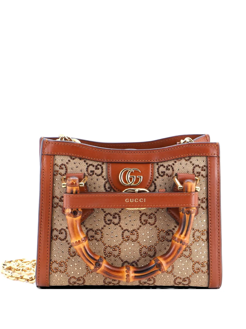 Gucci Pre-Owned Diana NM Bamboo Handle Crystal Embellished GG Canvas Mini tote bag - Marrone