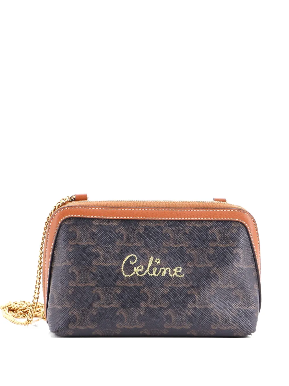 Celine Pre-Owned Zip Around Chain Clutch Embroidered Triomphe Coated Canvas shoulder bag - Marrone
