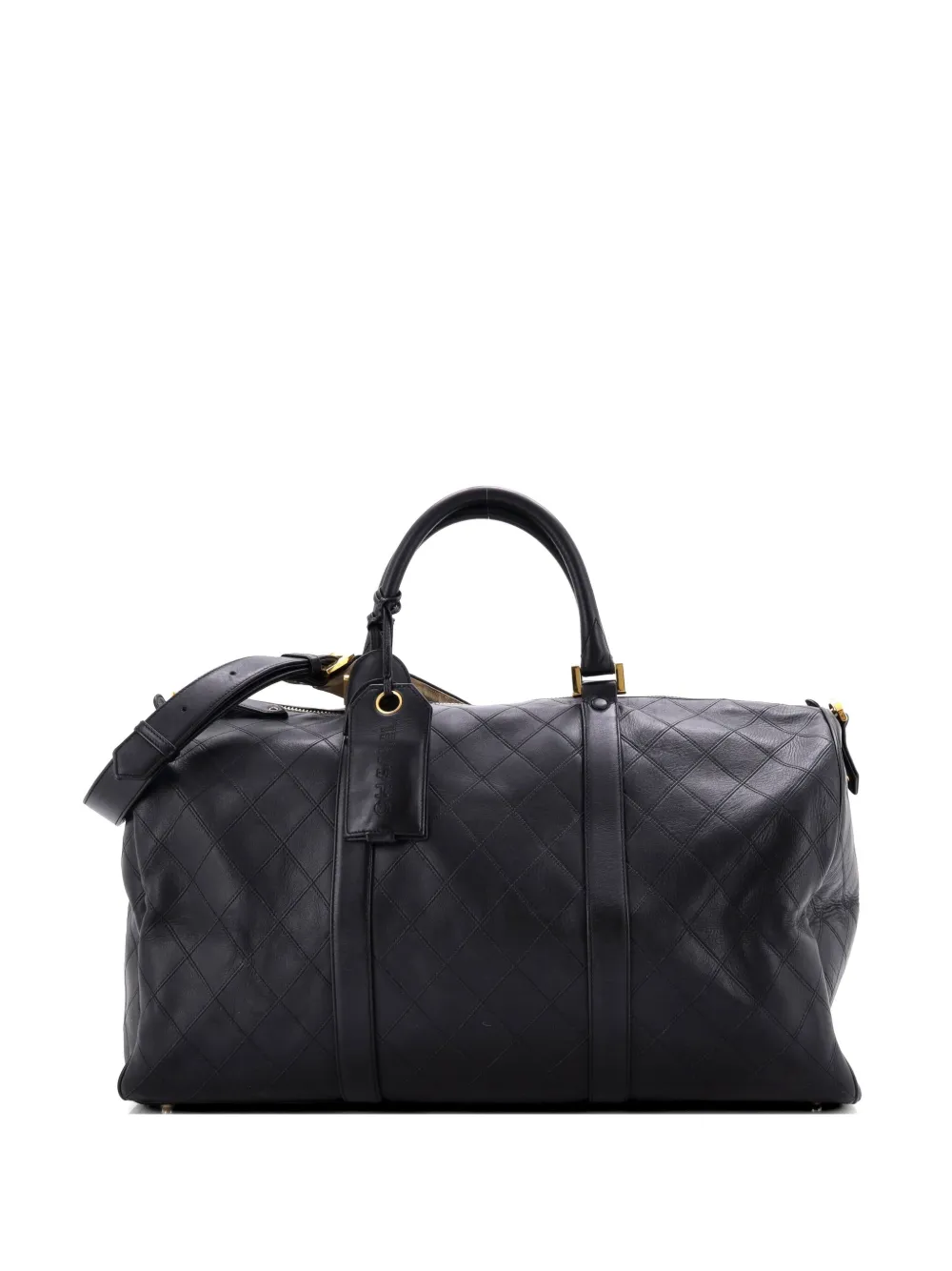 Pre-owned Chanel Diamond Stitch Boston Bag Quilted Lambskin Large Satchel In Black