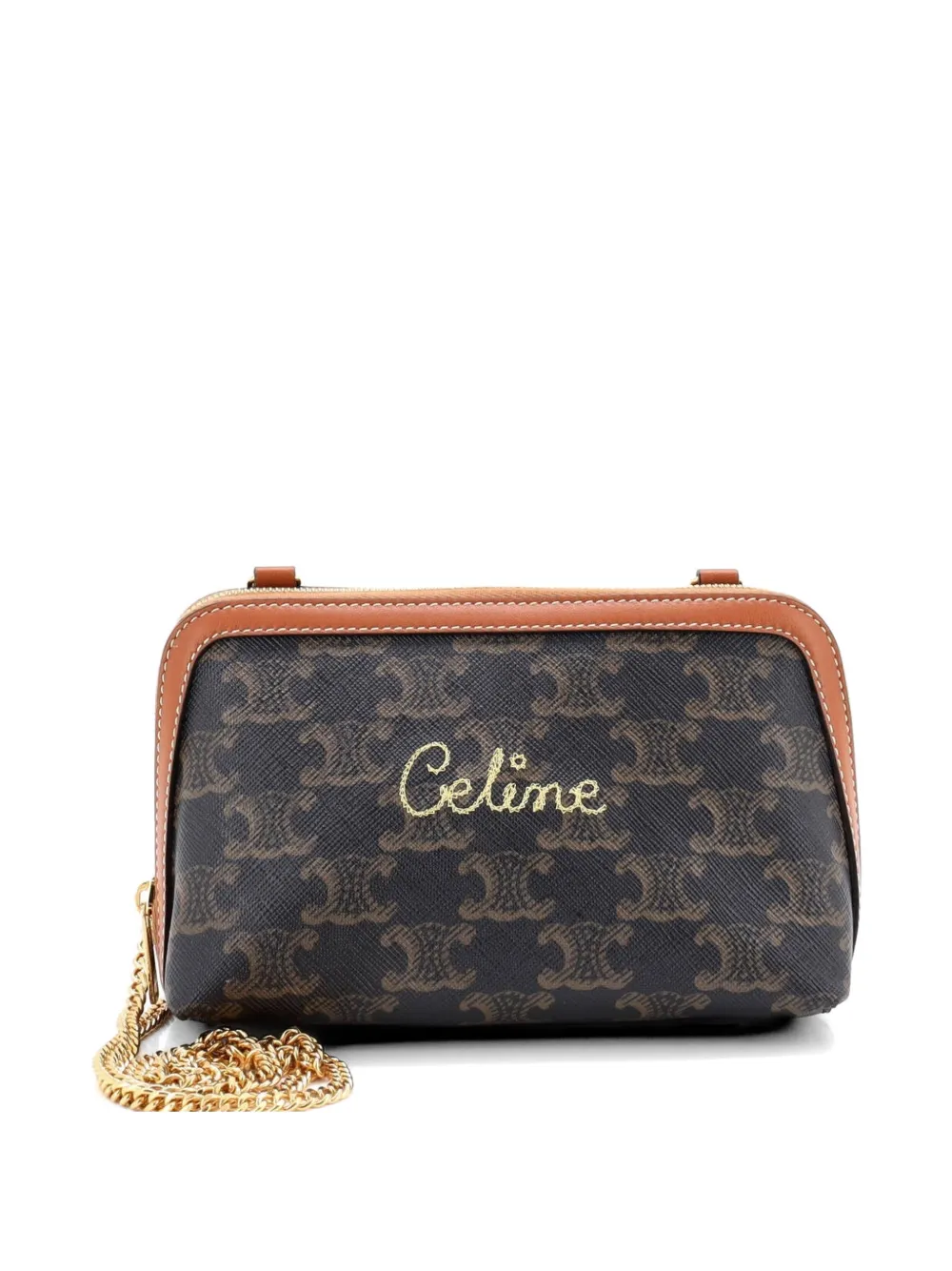 Celine Pre-Owned Zip Around Chain Clutch Embroidered Triomphe Coated Canvas shoulder bag - Marrone
