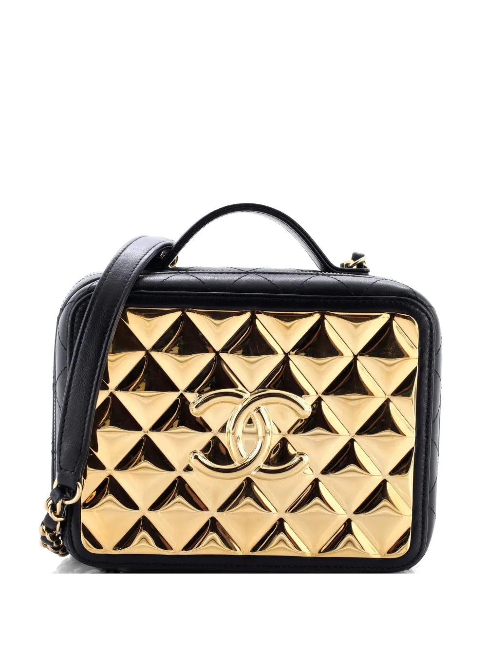 CHANEL Pre-Owned Golden Plate Vanity Case Quilted Metal and Lambskin Medium satchel - Nero
