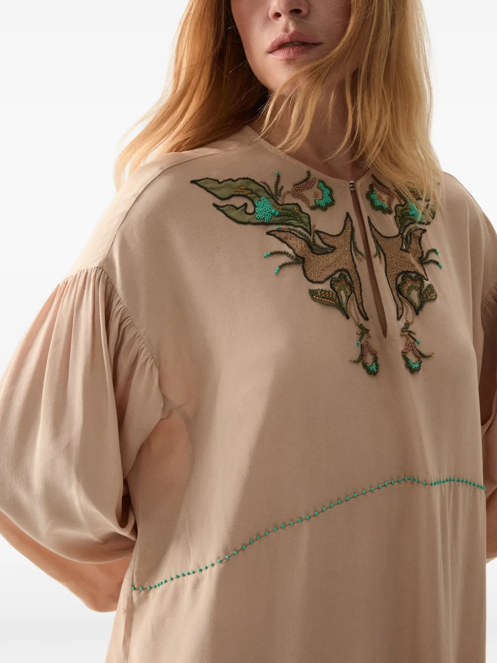 Fortela Allegra Embroidered Silk Dress in Neutrals, view 3
