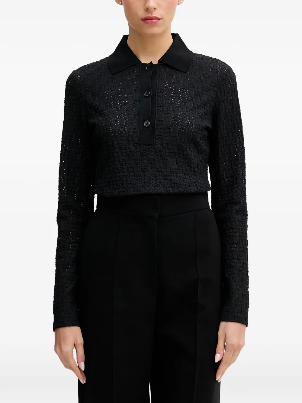 Sisley Paris Crochet-knit Long-sleeve Polo Shirt In Black