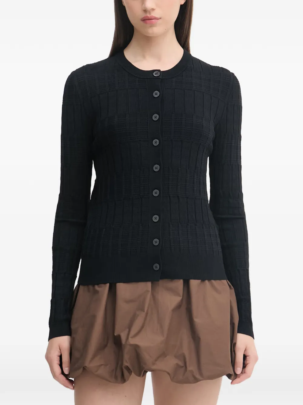 Sisley Paris Check-knit Button-up Cardigan In Schwarz