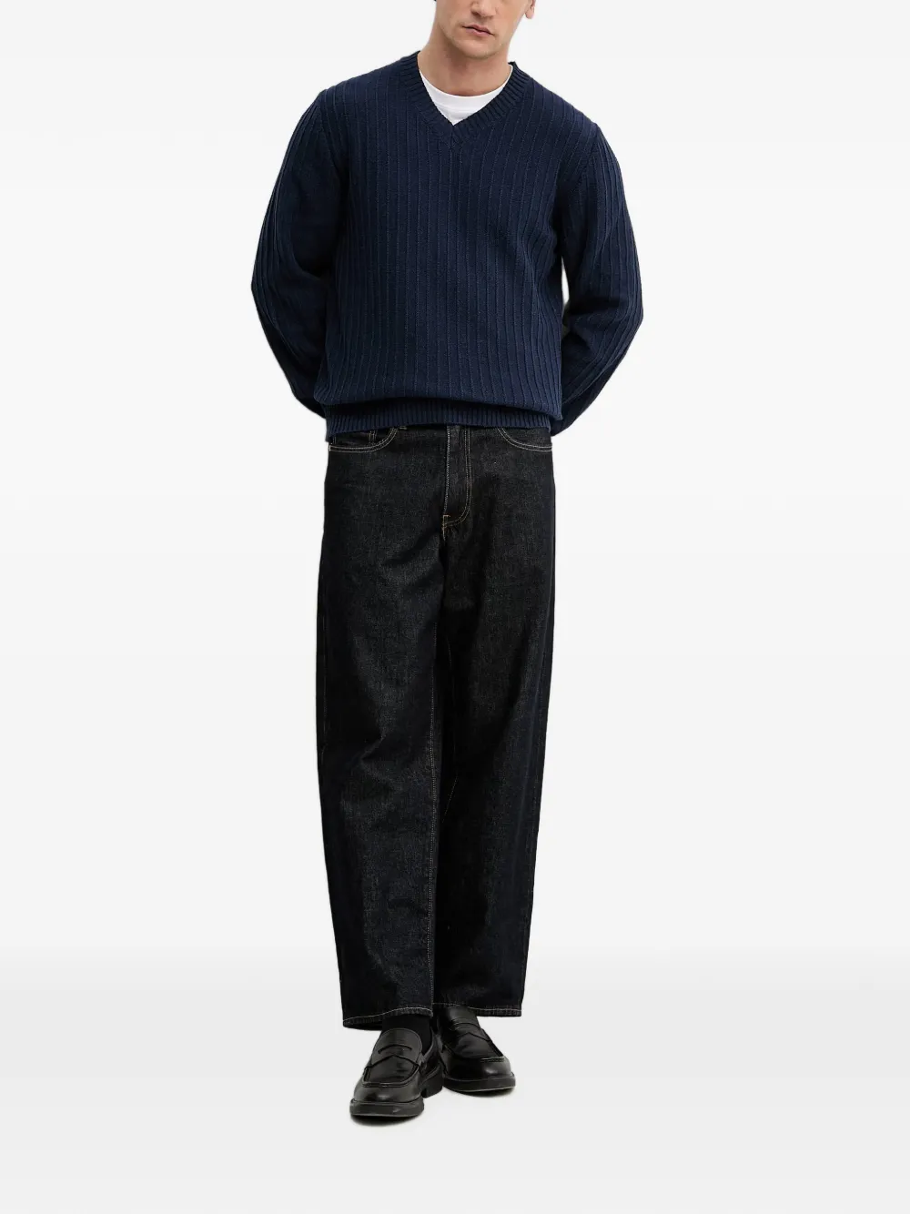 Sisley ribbed-knit V-neck sweater Blauw