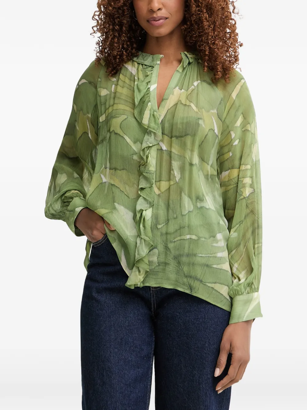 Pedro Del Hierro leaf-print ruffled blouse - Verde