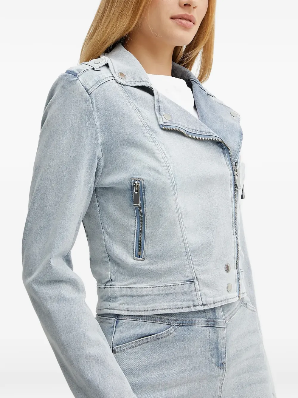 Morgan Vammy biker-style denim jacket Blauw
